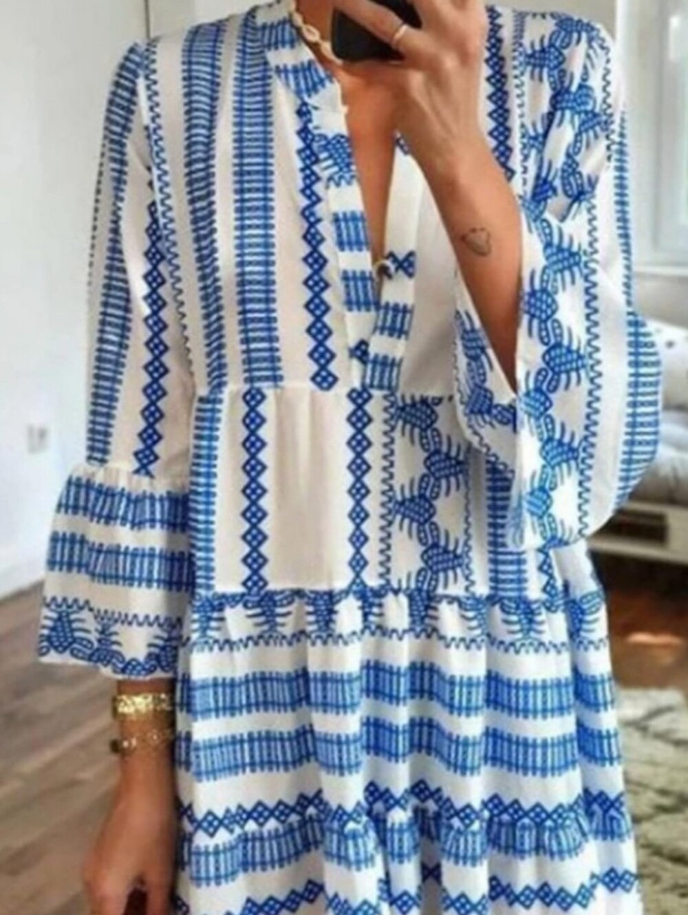 NWT Blue & White Bell Sleeve Flowy Peasant Style Tunic Dress Boutique
